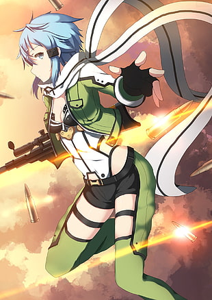 female anime character with teal hair holding gun illustration, Asada Shino, Sinon (Sword Art Online), Sword Art Online