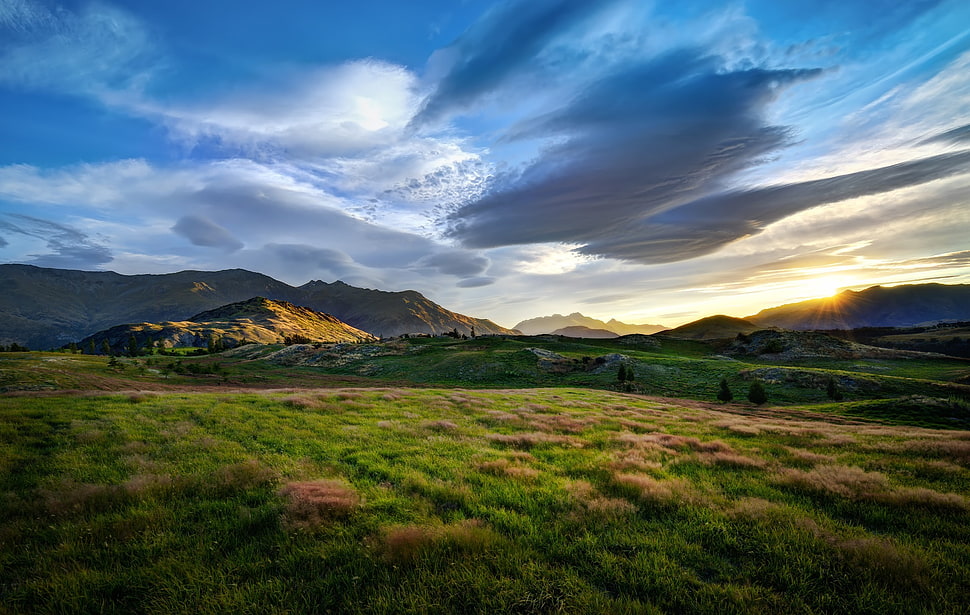 green grass, nature, landscape, mountains, clouds HD wallpaper