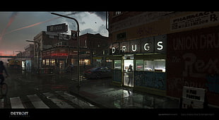 drugs signage, Antoine Boutin, Detroit become human, concept art, Video Game Art HD wallpaper