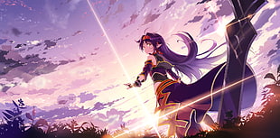 female elf swordsman Sword Art Online illustration, clouds, gloves, headband, Konno Yuuki HD wallpaper