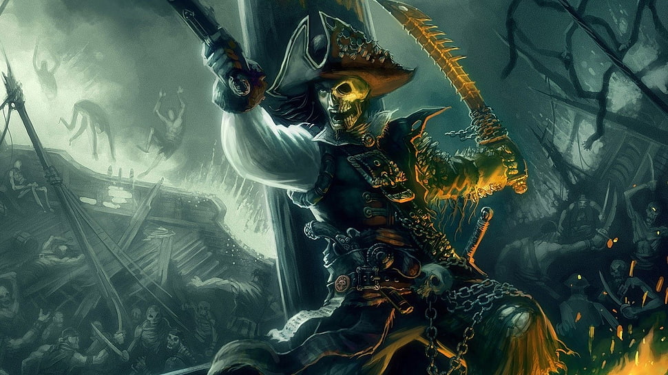 skeleton holding sword digital wallpaper, pirates, ship, storm HD wallpaper