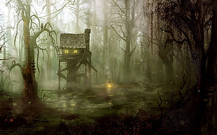 brown wooden tree house, fantasy art, forest, witch, swamp