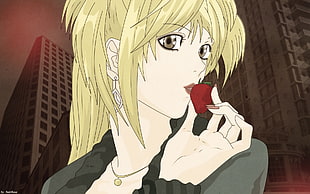 yellow haired female cartoon character eating strawberry HD wallpaper