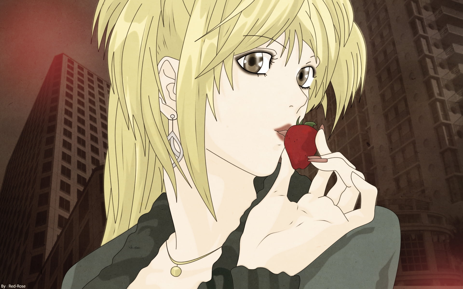 yellow haired female cartoon character eating strawberry