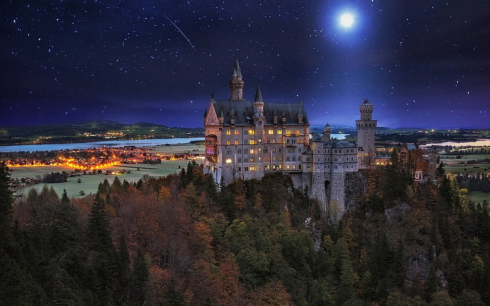 gray castle during night time HD wallpaper