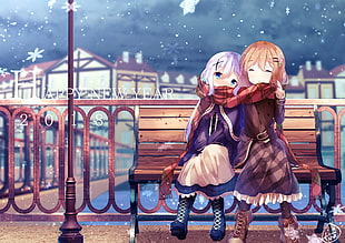 girl hugging a girl sitting on bench during winter season digital wallpaper