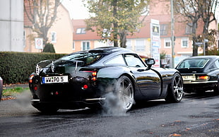 black sports coupe parked near green bush at daytime HD wallpaper