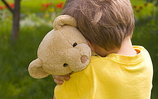 boy in yellow shirt holding teddy bear HD wallpaper