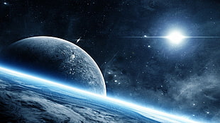 earth and moon wallpaper, flares, space art, planet, stars