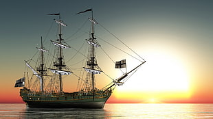 black and white galleon ship scale model, sailing ship, sea, sunset, digital art