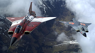 two gray and red fighter planes, vehicle, airplane, jet fighter, Saab 35 Draken