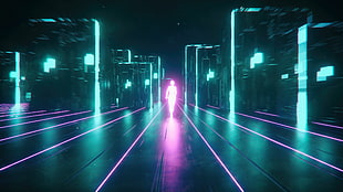 pink silhouette of a human surrounded by blue and black blocks wallpaper, neon, cyberpunk