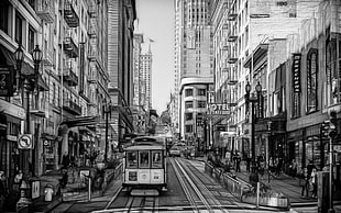 commercial train on road illustration, monochrome, San Francisco, cable cars, city