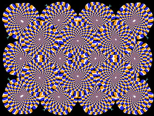 illusional purple, white, and yellow print, optical illusion, abstract