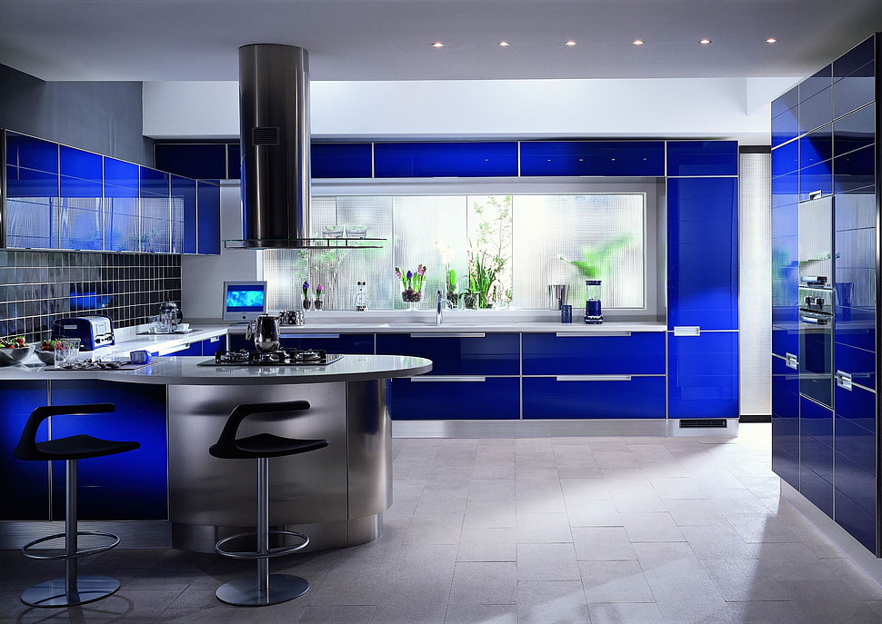 gray and blue kitchen area with two bar chairs HD wallpaper