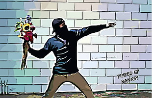 man holding flower bouquet painting, digital art, graffiti, street art, Banksy HD wallpaper