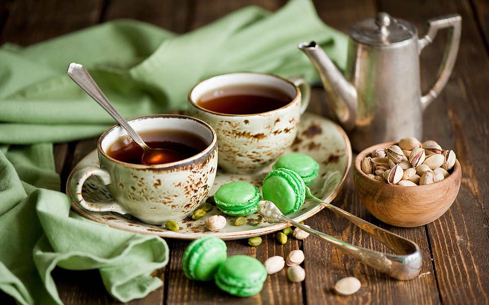 two white teacups, tea, cup, bowls, spoons HD wallpaper