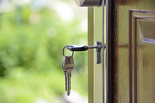 stainless steel keys on brown wooden door during daytime