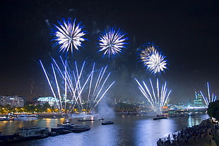fire works display on sea, thames HD wallpaper
