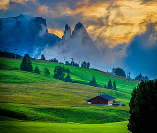 painting of black and brown house, nature, landscape, Dolomites (mountains), sunset