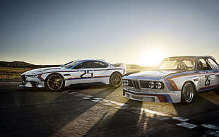 white and black die-cast car, BMW 3.0 CSL, race tracks, car, sunset