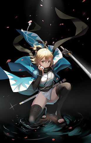 woman with blonde hair wearing blue cape holding sword digital wallpaper