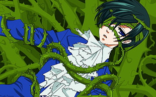 male anime character lying on green thorn illustration