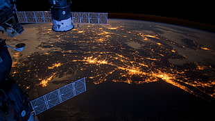 white and black satellites, space, Earth, lights, CGI