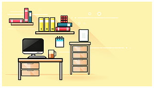 brown desk, white computer monitor, and brown drawer illustration, artwork, vector, minimalism