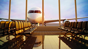 white airplane, airplane, airport, chair, passenger aircraft