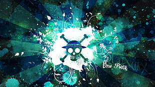 One Piece logo, One Piece, paint splatter, skull, digital art