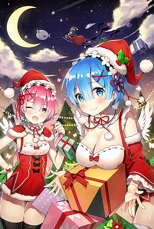 RE:Zero twins anime characters, dress, Christina Papagianni, Christina, Christmas HD wallpaper
