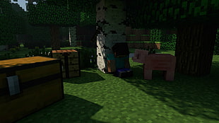 Minecraft game application, Minecraft, trees, crafting tables, pigs