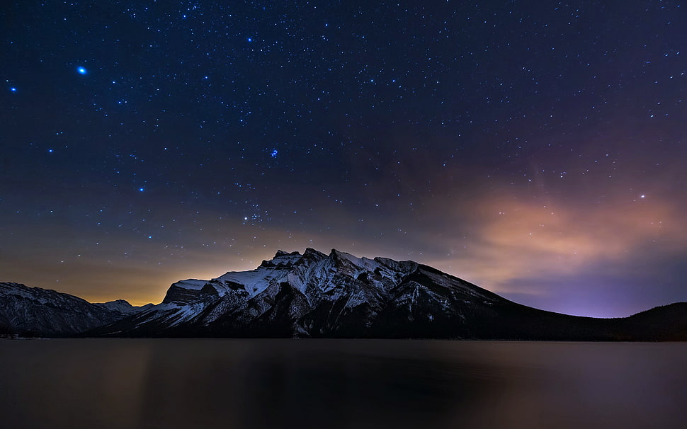 black and gray mountain, stars, space, planet, mountains HD wallpaper