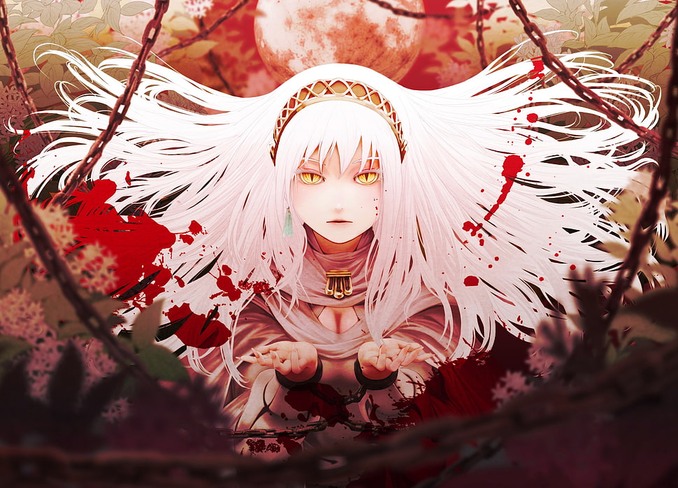 white and red abstract painting, fantasy art, original characters, chains, white hair HD wallpaper