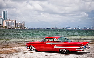 red coupe, car, 1960 Chevrolet Impala, sea, beach