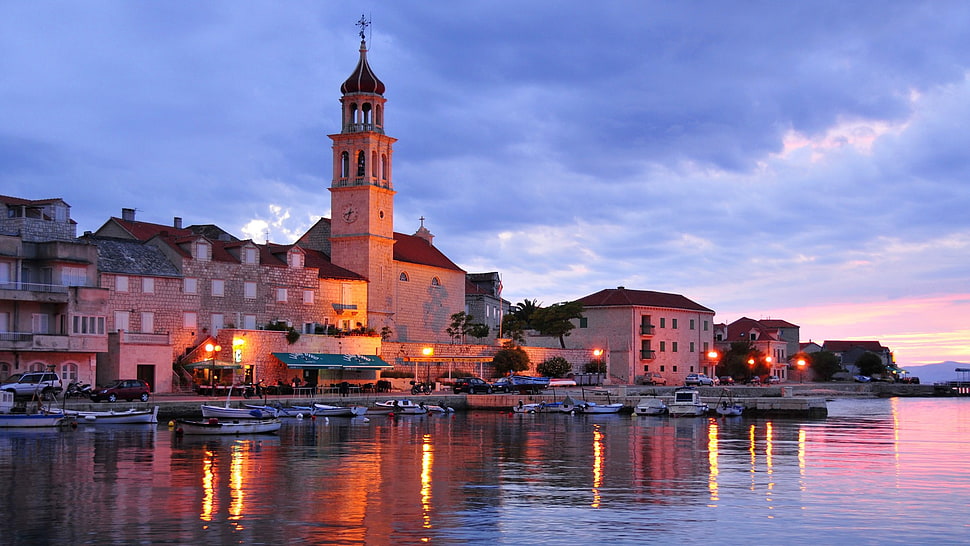 white buildings, evening, building, old building, reflection HD wallpaper