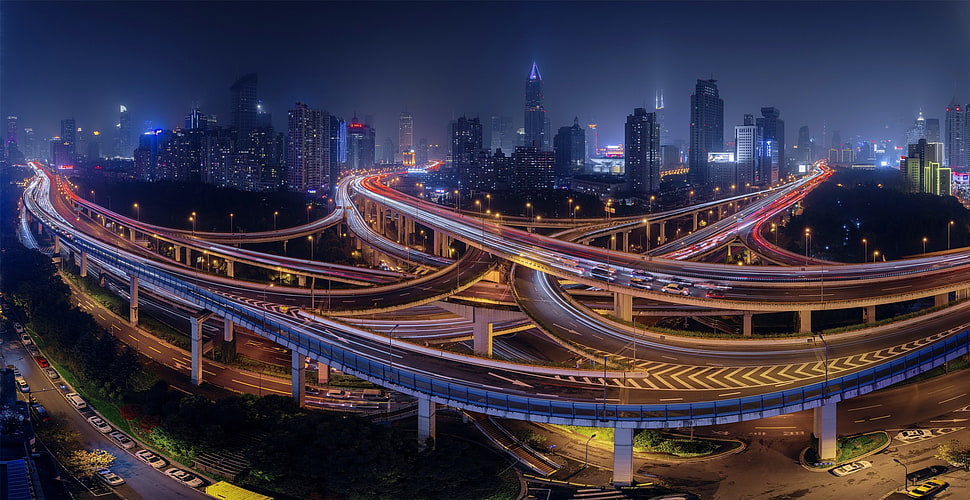 time-lapse photography of bridge, Shanghai, long exposure, China, road HD wallpaper