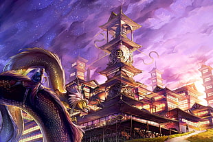 dragon flying near temple digital wallpaper, dragon, fantasy art, fantasy city HD wallpaper