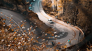 white car, fall, road, Bergen, teal
