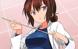 female anime character wearing white lab coat