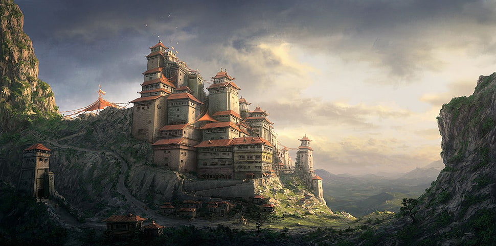castle on mountain digital wallpaper, artwork, Chinese, fantasy art, cliff HD wallpaper