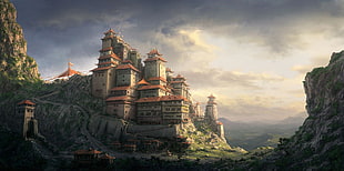 castle on mountain digital wallpaper, artwork, Chinese, fantasy art, cliff