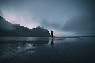 person standing on foggy beach