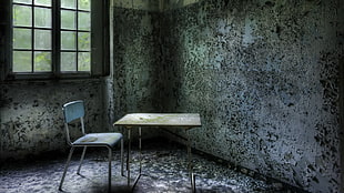 school chair and table, abandoned, interior, chair, table
