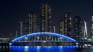 bridge with blue LED lights, city, Tokyo, cityscape HD wallpaper