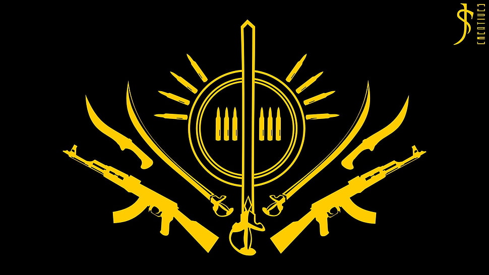 yellow logo, weapon, artwork HD wallpaper