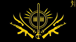 yellow logo, weapon, artwork