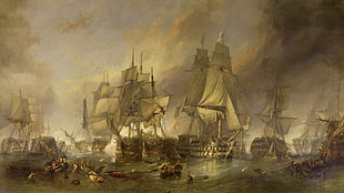 galleon ships illustration, artwork, ship, Battle of Trafalgar, painting