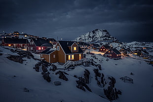white and brown house, Greenland, night, house, landscape